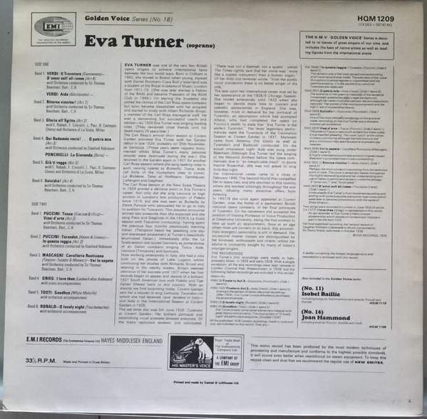 Eva Turner — Arias From Aida, Tosca, Turandot, sleeve image 2