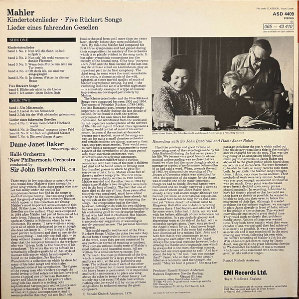 Janet Baker — Mahler Kindertotenlieder & Rückert-Lieder (Barbirolli), sleeve image 4